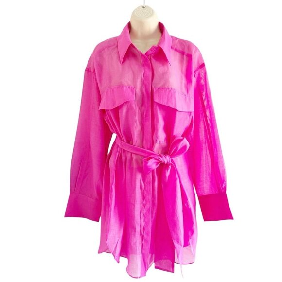 Grey Lab Woman's Sz S Pink Sheer Oversize Overshirt in Pink with Belt - Picture 3 of 9